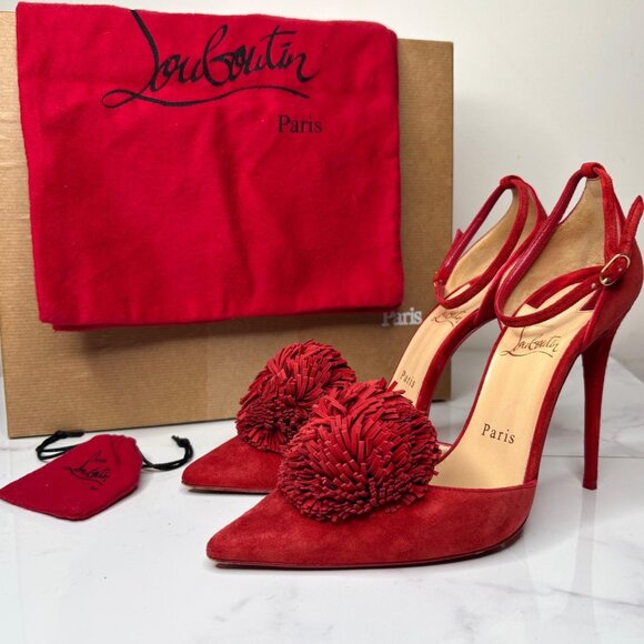 Christian Louboutin TSAROU Red Suede 100mm Fringe Tassel Pointy Pumps Heels 37 - Picture 1 of 11